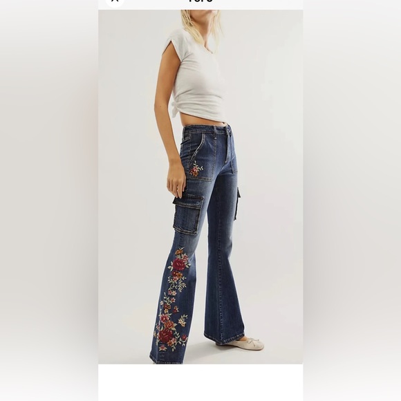 DRIFTWOOD Denim - Free People Driftwood Farrah Embroidered Cargo Jeans Flare Blue
